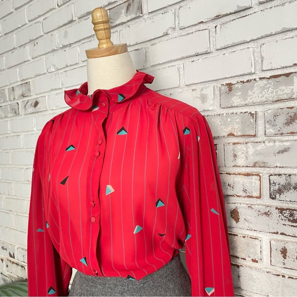 Vintage Red Teal Geometric Print Ruffle Sheer Long Sleeve Gathered Shoulder Top